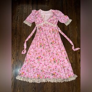 Coquette cottage core pink floral long dress lace belt bow flowers